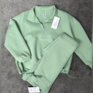 Salt Project Sage Green Quarter-Zip Sweatshirt & Flare Pant Set